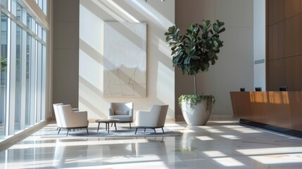 Minimalist Neutral-Toned Sunlit Lobby with Clean Lines Stock Photo