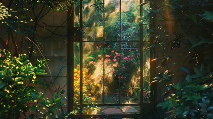 Sunlit garden view through an open glass door inviting a peaceful moment