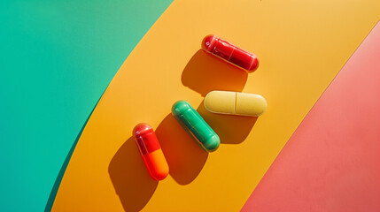 Three distinct pills and capsules strategically placed on a colored geometric background,...