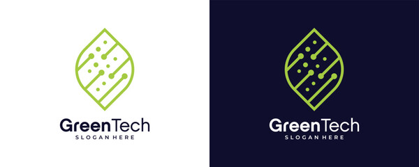 Green Technology Logo. Combination Of Green Leaves And Technology Network Icons
