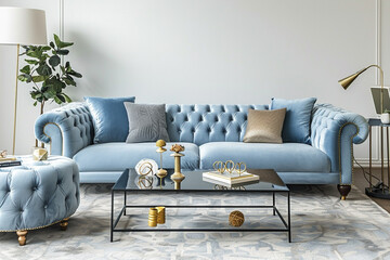 A contemporary and luxurious living room with a sky blue velvet sofa, complemented by a minimalist coffee table, a designer pouf, gold decoration pieces, an ornamental plant, a modern lamp,
