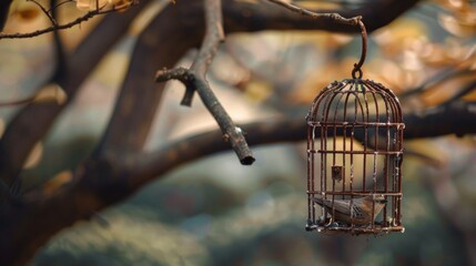 Vintage birdcage hanging from a tree branch in autumn ambiance