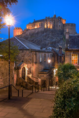 The Vennel Steps with the view of Edinburgh castle during evening, Edinburgh, Scotland