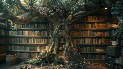 Obraz premium Enchanted Tree Bookcase, generative ai