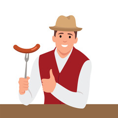 Young handsome man grilling, cooking meat sausage. Flat vector illustration isolated on white background