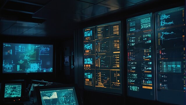 A dark room with multiple computer screens and servers with green and blue lights.