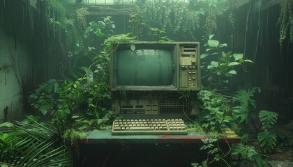 Old computer surrounded by plants in natural landscape