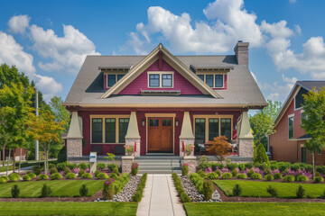 A front view of a striking magenta craftsman cottage style home, with a triple pitched roof, beautifully designed landscaping, a straight sidewalk, and outstanding curb appeal.