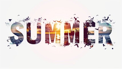 the word SUMMER in a silhouette double exposure of beach scenes and sunset photos, overlay, art