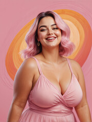 illustration drawing of a plump woman in a swimsuit on a pink background, the woman radiates joy, body positivity