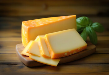 A cheese platter of Cheddar cheeses on a wooden background.