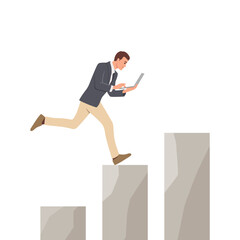 Running man hold netbook arrows point analysis data finance knowledge earnings economy stock success trade. Flat vector illustration isolated on white background