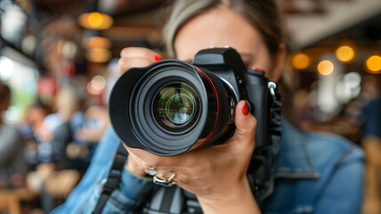 A woman in casual clothing holding up a camera to take a photograph