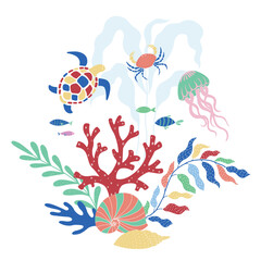 Vector Illustration of Sealife Print with Sea Turtle.