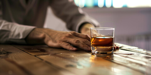 Man's hand reaches for a glass of alcohol.
