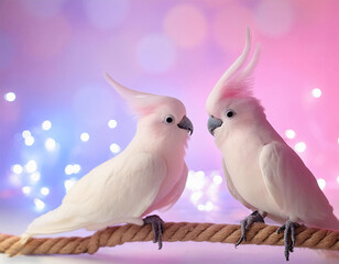 Whimsical and Delightful: A Pair of Realistic Agaponis Birds, Lovingly Crafted from Fluffy Cotton Candy Shades of Pink and Purple, ai generated