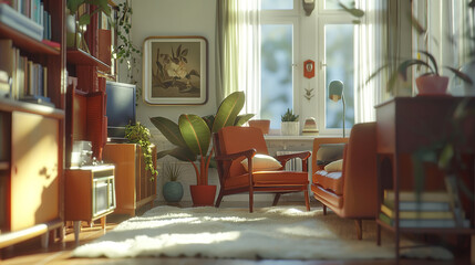 Cozy, sunlit living room with plants and vintage furniture.