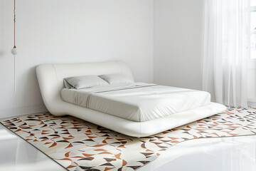 A modern white bedroom with a geometric-patterned rug and a sleek, low-profile bed.