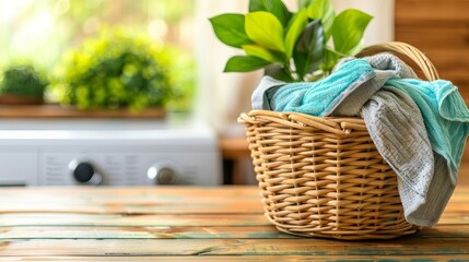 Laundry basket and washing machine with blurred background, ideal for text placement - obrazy, fototapety, plakaty