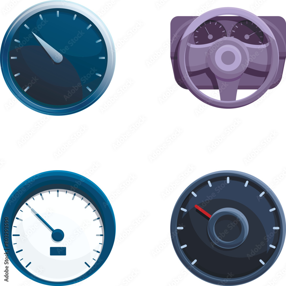 Poster speedometer icons set cartoon vector. various style of car speedometer. speed indicator