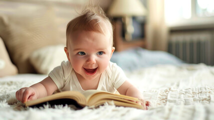 A baby is laying on a bed, looking at a book laid out in front of them.