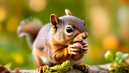 A close-up of a baby squirrel eating an acorn