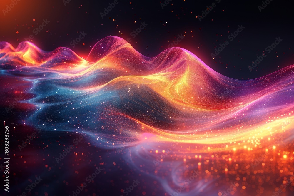 Poster this image captures a mesmerizing abstract wave pattern with a multitude of glowing particles, creat