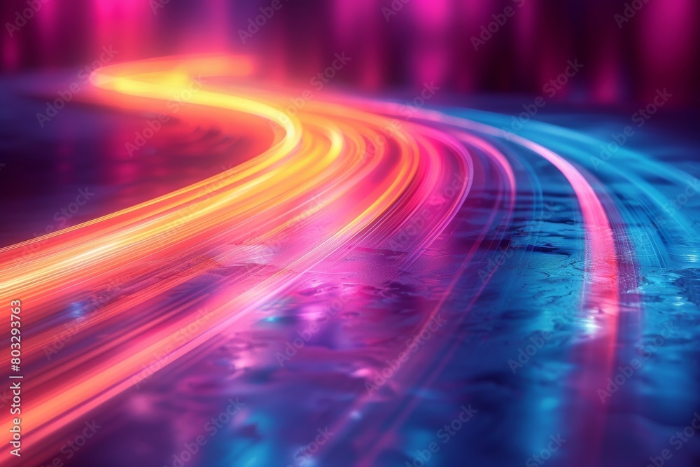 Wall mural colorful and bright neon light trails flow in a smooth wave-like pattern on a dark textured backdrop