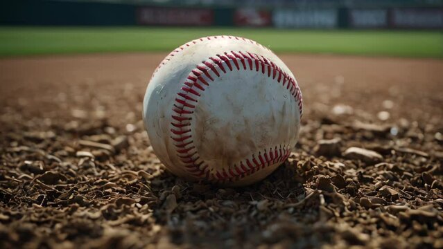 A baseball is on the base on the ground.