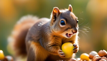 A cute baby squirrel holding an acorn in its paws and taking a bite