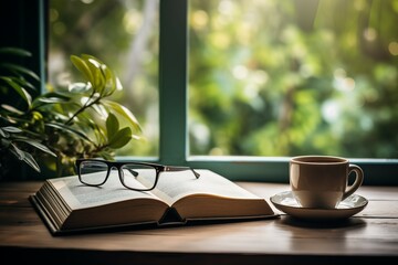 A open book, glasses and a cup of coffee on a desk near window