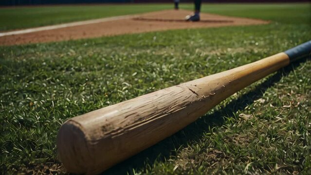 A baseball bat is laying on the grass