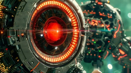 A detailed view of a modern futuristic object emitting vibrant red lights in a close-up shot