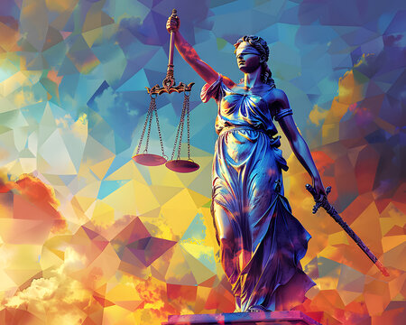 The colorful background of the image represents the diversity of the legal system, while the central figure of Justice holding a sword and scales represents the impartiality and fa