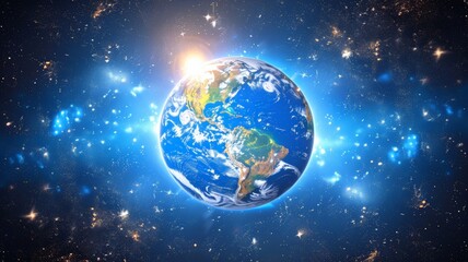 The Earth, situated in the vastness of space, is encompassed by numerous twinkling stars in the night sky