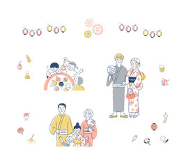 日本の祭りのイメージ　人物とアイコンセット