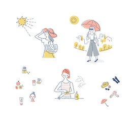 紫外線対策イメージ　人物とアイコンセット