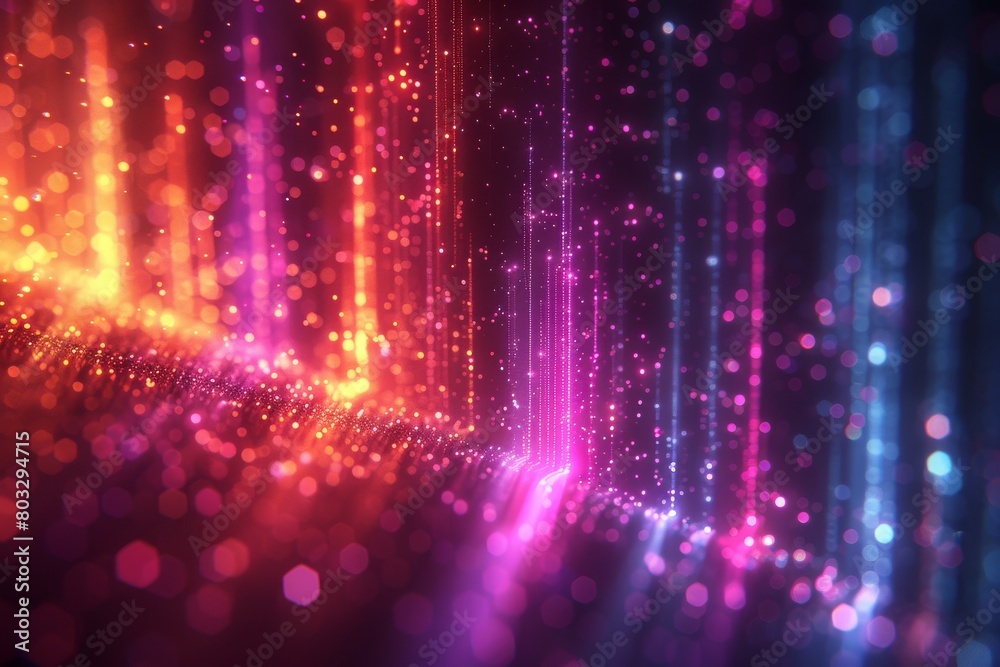 Wall mural a visually striking image of neon light particles descending with a vibrant gradient effect