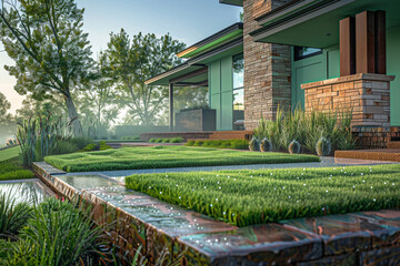 A mint green house emerges from the morning mist, with dewy landscaping and a serene atmosphere.