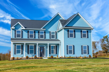 A soft sapphire blue house with siding, located on a large lot in a peaceful subdivision, equipped with traditional windows and shutters, under a bright blue sky.