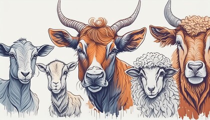 Animals meet types ink illustrations set, hand drawn illustrations of cow, sheep, goat and Domestic farm animals isolated on white background, vector illustrations