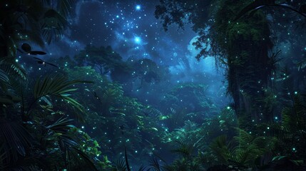 Enigmatic bioluminescent jungle under a starry sky: A magical, glowing nighttime landscape