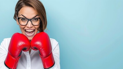Competitive business woman in office attire with boxing gloves   concept of workplace competition