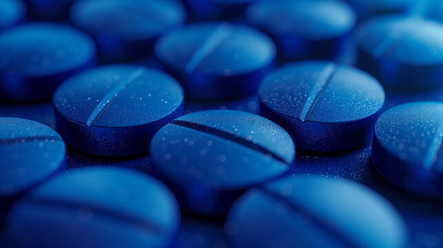 Image of blue round pills with a dark background, emphasizing the concept of medication