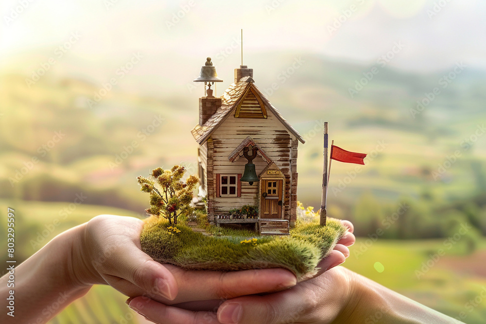 Wall mural hands gently holding a tiny, detailed schoolhouse with a bell and flagpole, set against a softly foc