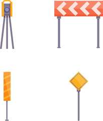 Road reconstruction icons set cartoon vector. Equipment for road repair. Warning sign