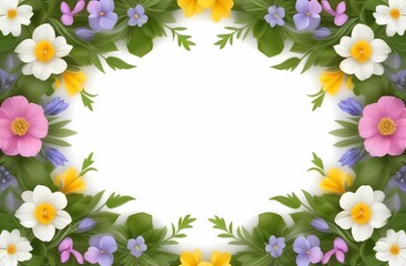 Background with a floral frame featuring spring flowers. Free space for words