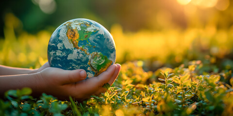 Close up of child hands holding and taking care of green earth globe. Caring for nature concept.