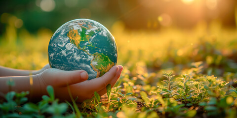 Close up of child hands holding and taking care of earth globe. Caring for nature concept.