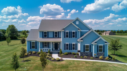A wide-angle aerial shot showcases the serene periwinkle home adorned with siding and shutters, exuding charm amidst the tranquil surroundings of the suburban landscape on a sunny day.